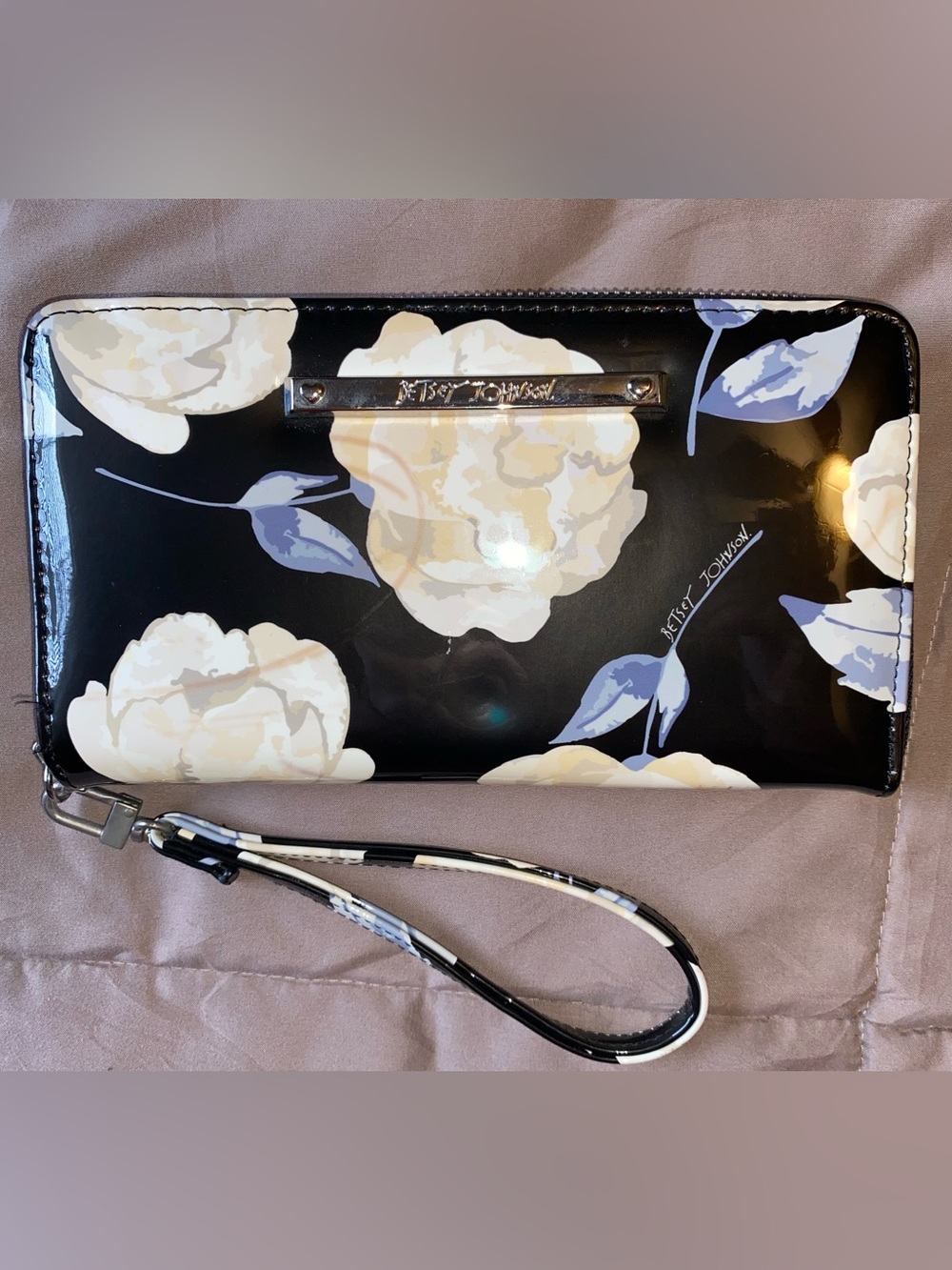 Betsey Johnson Black Floral Patent Wristlet with Cream & Light Blue Flowers